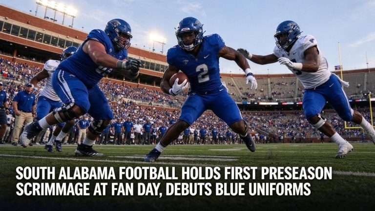 Illustration for the news story: South Alabama Football Holds First Preseason Scrimmage at Fan Day, Debuts Blue Uniforms