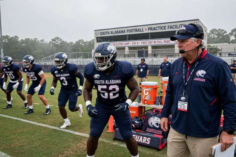 Illustration for the news story: South Alabama Football Practices in Full Pads for First Time in Preseason Camp