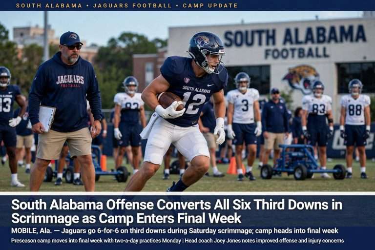 Illustration for the news story: South Alabama Offense Converts All Six Third Downs in Scrimmage as Camp Enters Final Week