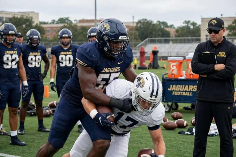 Illustration for the news story: South Alabama Defense Records Three Sacks in Blitz Drill as West Alabama Opener Prep Continues