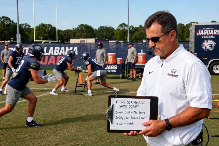 Illustration for the news story: South Alabama Practices in Shells Before Final Preseason Scrimmage as Jones Scripts Game Situations