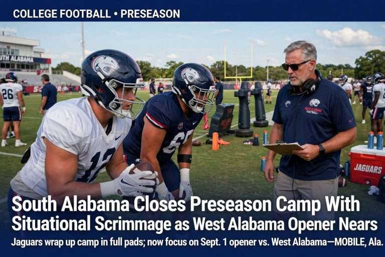 Illustration for the news story: South Alabama Closes Preseason Camp With Situational Scrimmage as West Alabama Opener Nears
