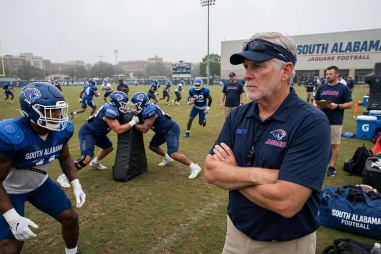 Illustration for the news story: South Alabama Football Practices in Shells for First Time This Preseason as Intensity Rises