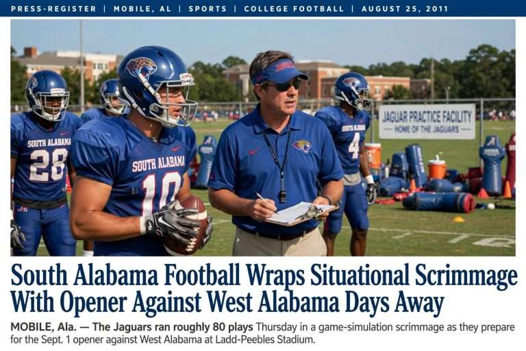 Illustration for the news story: South Alabama Football Wraps Situational Scrimmage With Opener Against West Alabama Days Away
