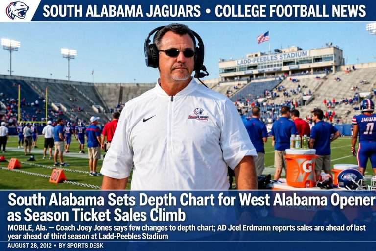 Illustration for the news story: South Alabama Sets Depth Chart for West Alabama Opener as Season Ticket Sales Climb