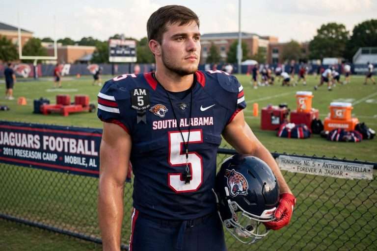 Illustration for the news story: Paul Bennett to Wear Anthony Mostella’s No. 5 as South Alabama Ends First Week of Camp
