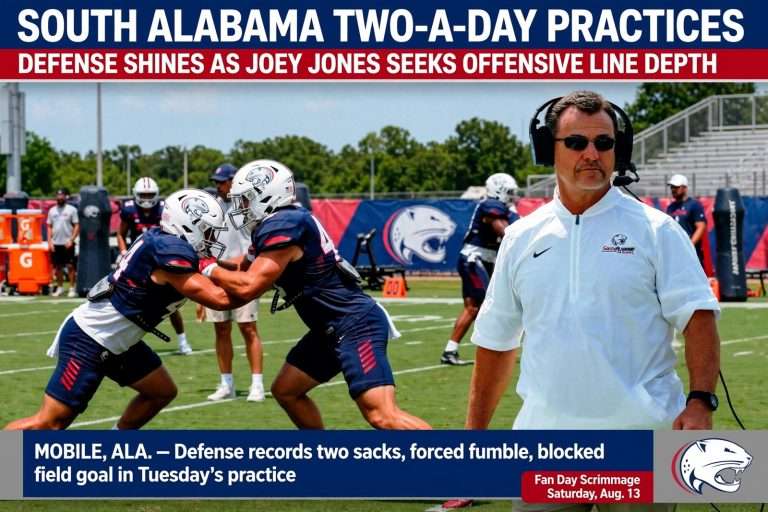 Illustration for the news story: South Alabama Two-a-Day Practices: Defense Shines as Joey Jones Seeks Offensive Line Depth