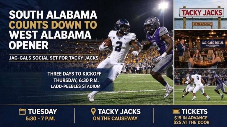 Illustration for the news story: South Alabama Counts Down to West Alabama Opener; Jag-Gals Social Set for Tacky Jacks