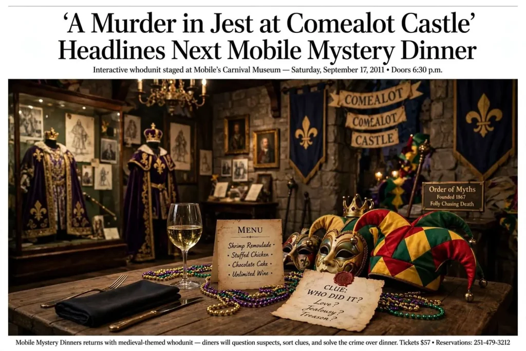 Illustration for the news story: ‘A Murder in Jest at Comealot Castle’ Headlines Next Mobile Mystery Dinner