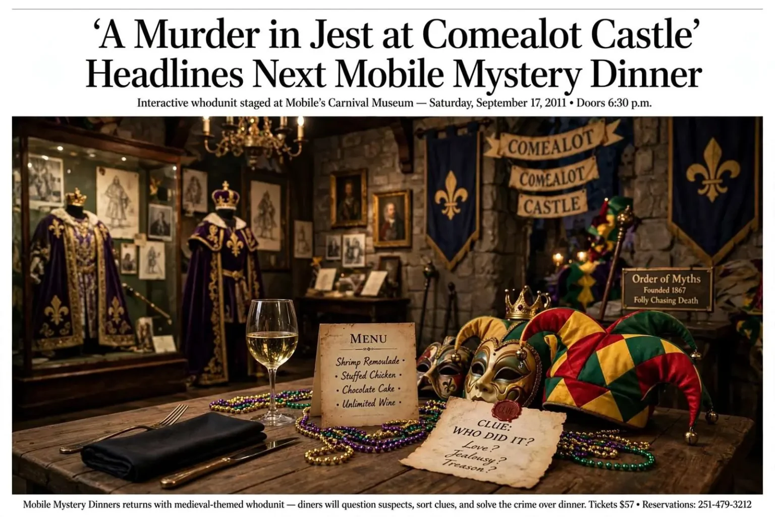 Illustration for the news story: ‘A Murder in Jest at Comealot Castle’ Headlines Next Mobile Mystery Dinner