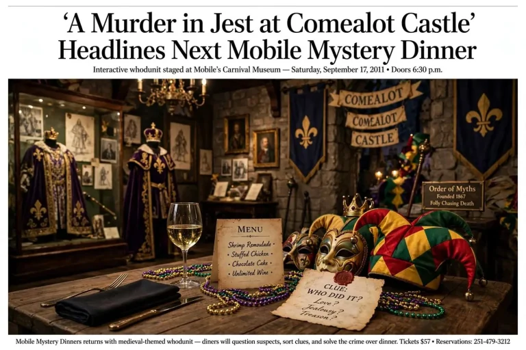 Illustration for the news story: ‘A Murder in Jest at Comealot Castle’ Headlines Next Mobile Mystery Dinner