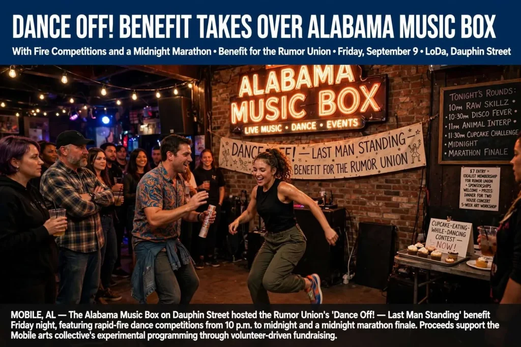 Illustration for the news story: Dance Off! Benefit Takes Over Alabama Music Box With Fire Competitions and a Midnight Marathon