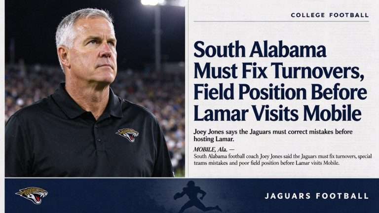 Illustration for the news story: Joey Jones Says South Alabama Must Fix Turnovers, Field Position Before Lamar Visits Mobile