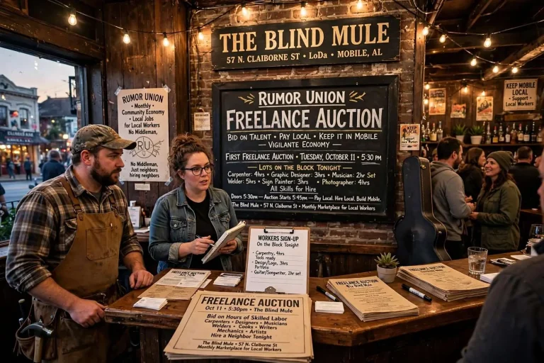 Illustration for the news story: Rumor Union’s ‘Freelance Auction’ Puts Mobile Talent on the Block at The Blind Mule