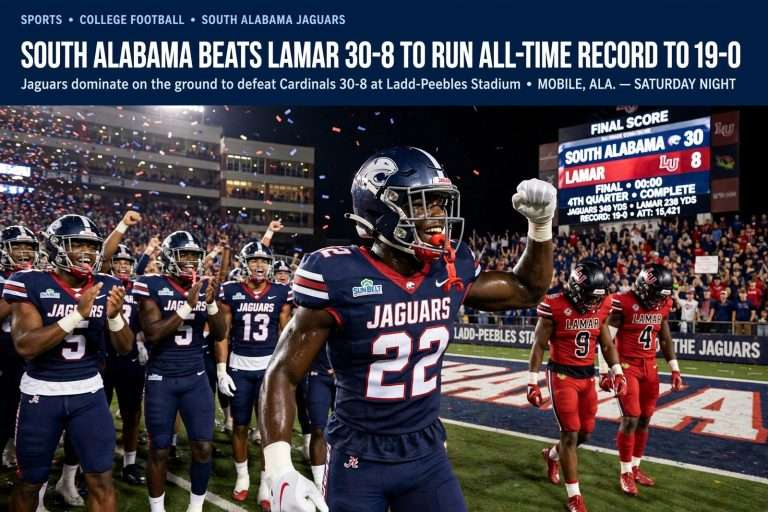 Illustration for the news story: South Alabama Beats Lamar 30-8 to Run All-Time Record to 19-0