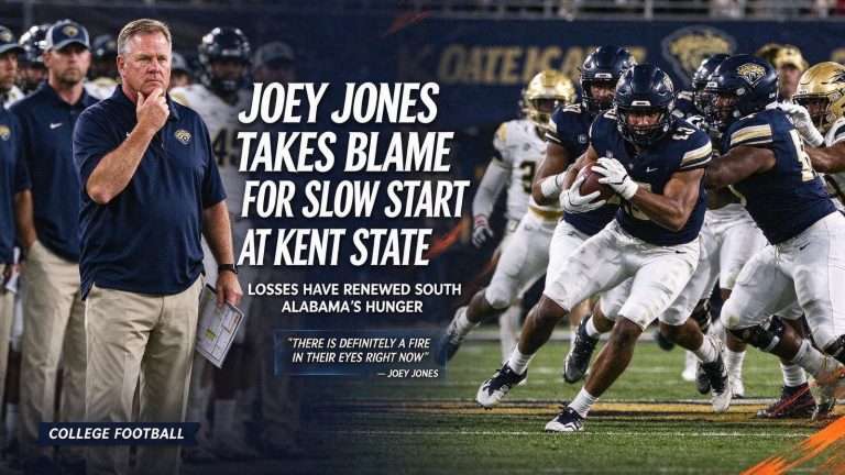 Illustration for the news story: Joey Jones Takes Blame for Slow Start at Kent State, Says Losses Have Renewed South Alabama’s Hunger