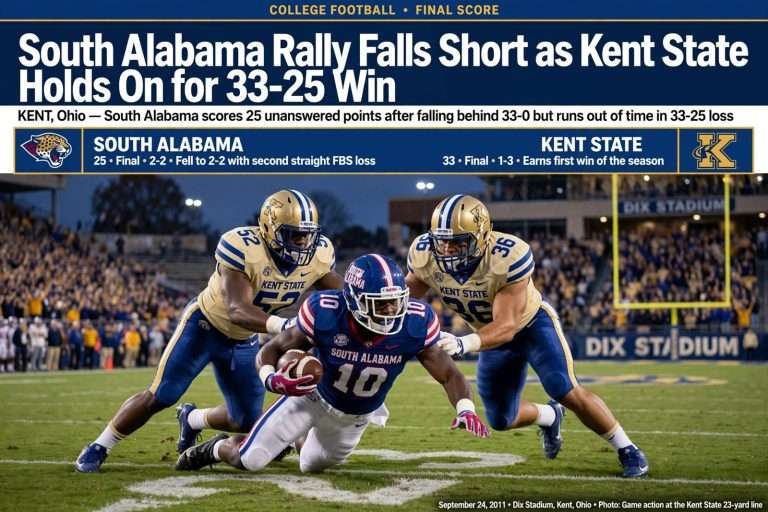 Illustration for the news story: South Alabama Rally Falls Short as Kent State Holds On for 33-25 Win