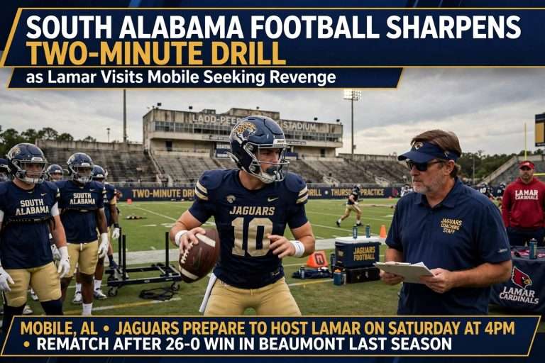 Illustration for the news story: South Alabama Football Sharpens Two-Minute Drill as Lamar Visits Mobile Seeking Revenge