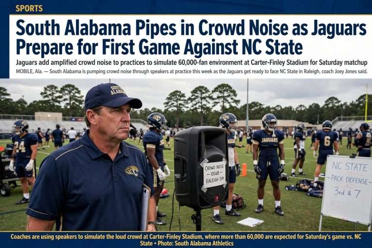 Illustration for the news story: South Alabama Pipes in Crowd Noise as Jaguars Prepare for First Game Against NC State