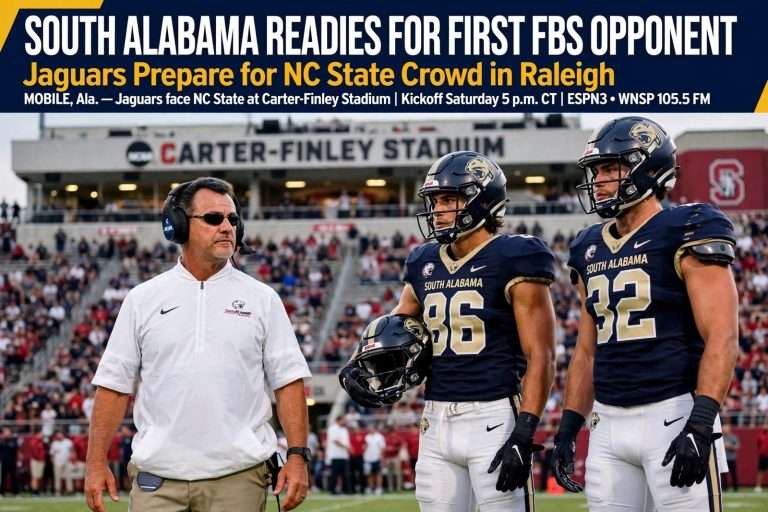 Illustration for the news story: South Alabama Readies for First FBS Opponent as Jaguars Prepare for NC State Crowd in Raleigh