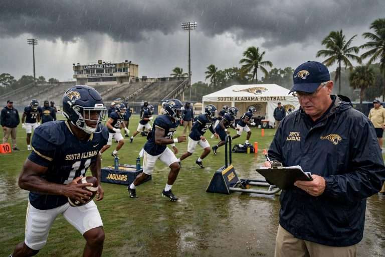 Illustration for the news story: South Alabama Practices Between Tropical Storm Lee Rain Bands, Begins Lamar Preparation