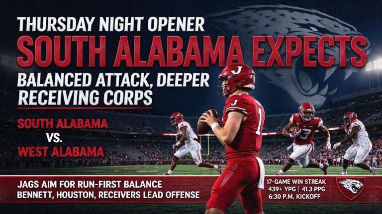Illustration for the news story: South Alabama Expects Balanced Attack, Deeper Receiving Corps for Thursday Night Opener Against West Alabama