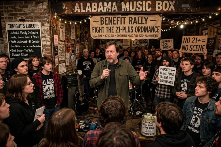 Illustration for the news story: Alabama Music Box Benefit Rally Backers Against Mobile’s 21-Plus Ordinance