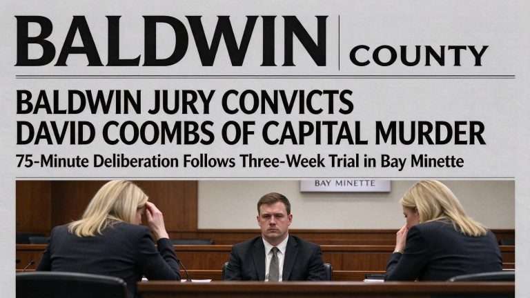 Illustration for the news story: Baldwin Jury Convicts David Coombs of Capital Murder