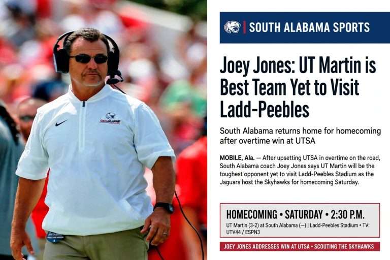 Illustration for the news story: Joey Jones Calls UT Martin Best Team Yet to Visit Ladd-Peebles After South Alabama’s Overtime Win at UTSA