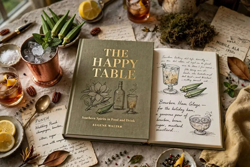 Illustration for the news story: Late Mobile Writer Eugene Walter’s Spirited Cookbook ‘The Happy Table’ Reaches Shelves
