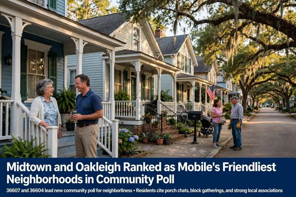 Illustration for the news story: Midtown and Oakleigh Ranked as Mobile’s Friendliest Neighborhoods in Community Poll