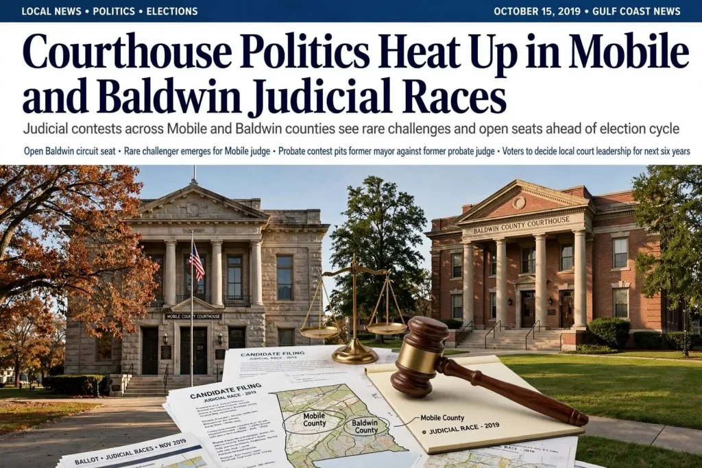 Illustration for the news story: Courthouse Politics Heat Up in Mobile and Baldwin Judicial Races