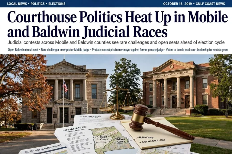 Illustration for the news story: Courthouse Politics Heat Up in Mobile and Baldwin Judicial Races