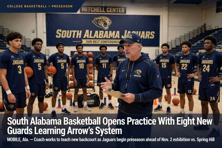 Illustration for the news story: South Alabama Basketball Opens Practice With Eight New Guards Learning Arrow’s System