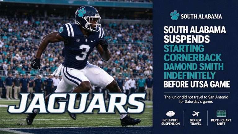Illustration for the news story: South Alabama Suspends Starting Cornerback Damond Smith Indefinitely Before UTSA Game