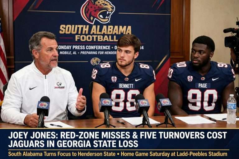 Illustration for the news story: Joey Jones Cites Red-Zone Misses, Turnovers in Georgia State Loss as South Alabama Turns to Henderson State