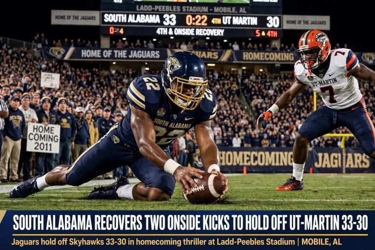 Illustration for the news story: South Alabama Recovers Two Onside Kicks to Hold Off UT-Martin 33-30 in Homecoming Game