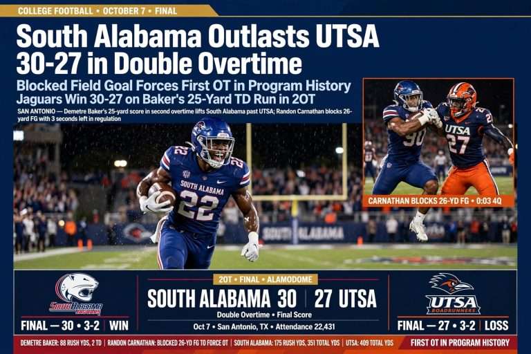 Illustration for the news story: South Alabama Outlasts UTSA 30-27 in Double Overtime After Blocked Field Goal Forces First OT in Program History