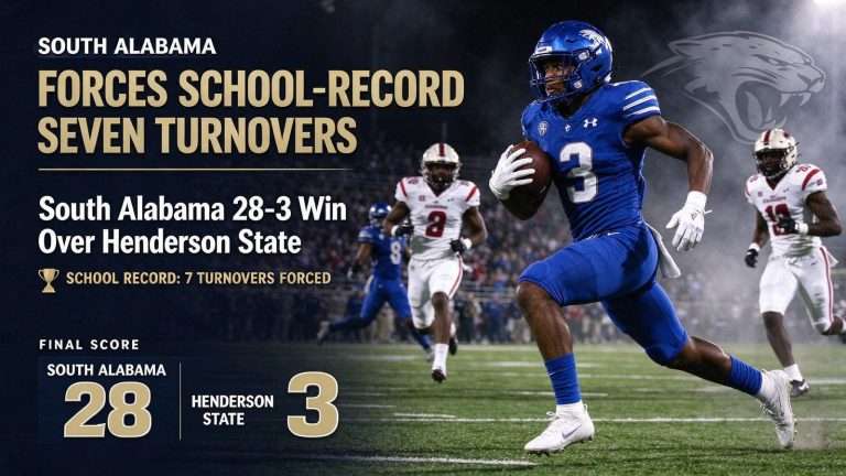 Illustration for the news story: South Alabama Forces School-Record Seven Turnovers in 28-3 Win Over Henderson State
