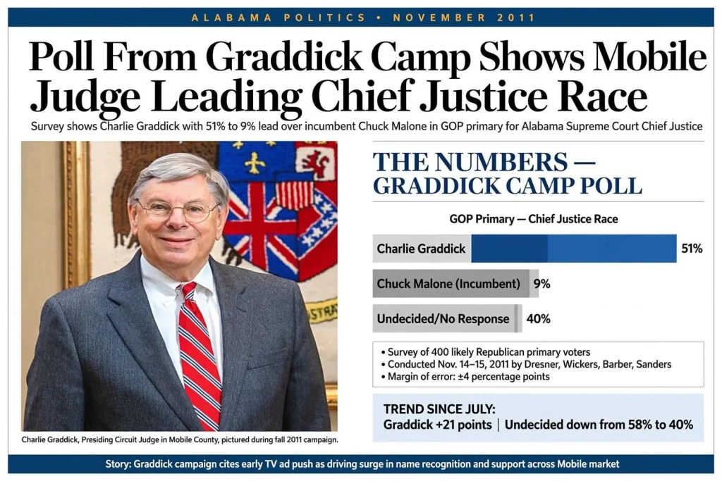 Illustration for the news story: Poll From Graddick Camp Shows Mobile Judge Leading Chief Justice Race