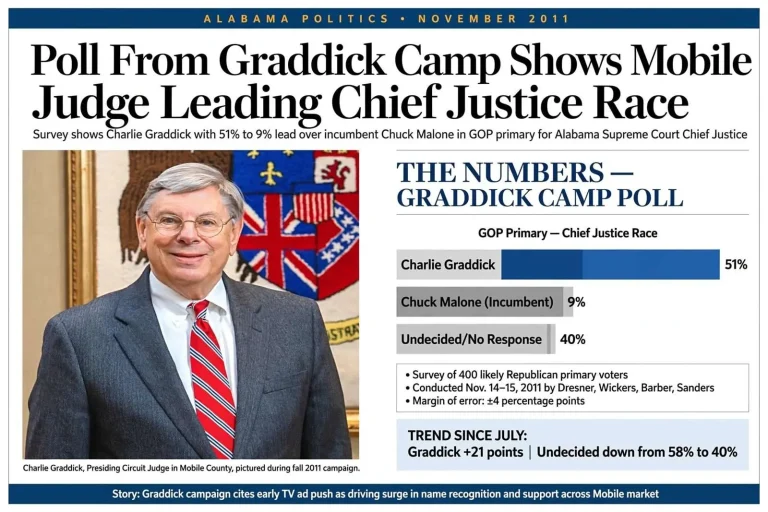 Illustration for the news story: Poll From Graddick Camp Shows Mobile Judge Leading Chief Justice Race
