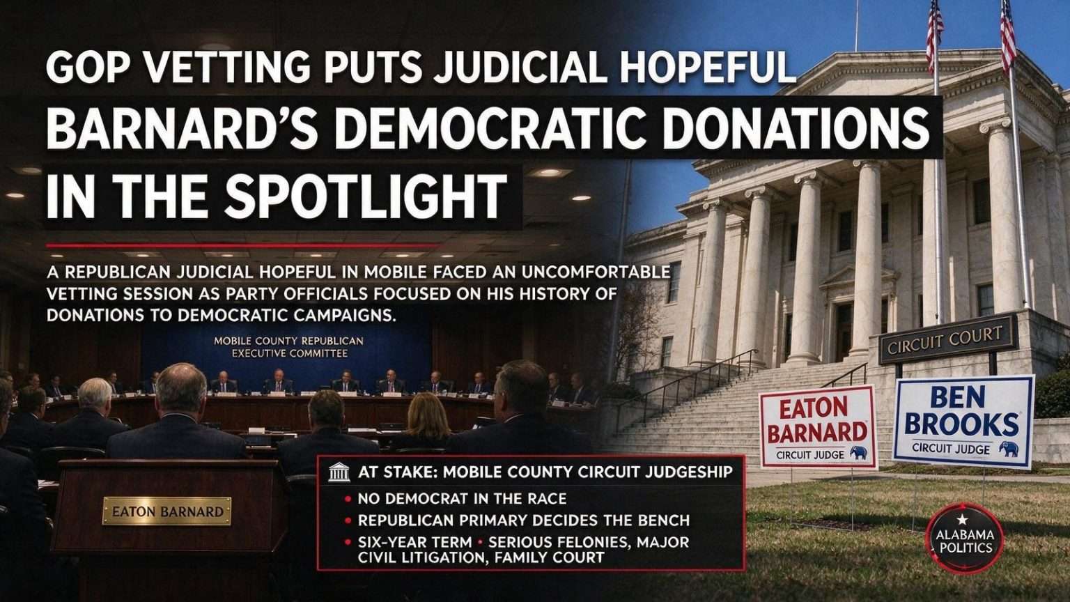 Illustration for the news story: GOP Vetting Puts Judicial Hopeful Barnard’s Democratic Donations in the Spotlight