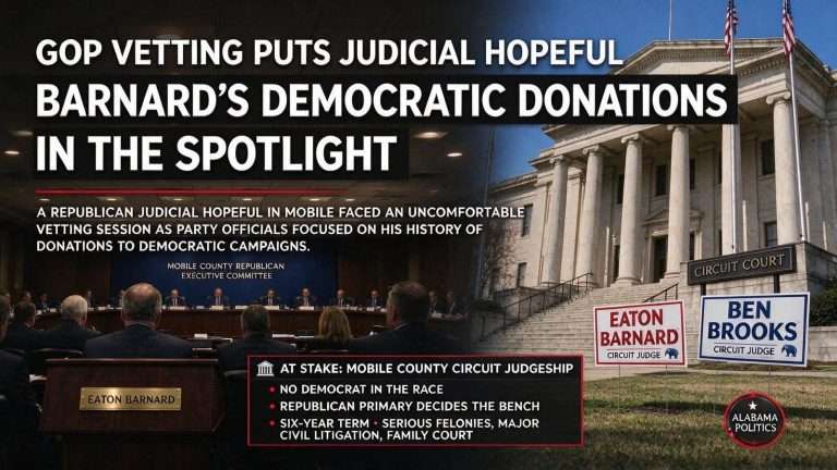 Illustration for the news story: GOP Vetting Puts Judicial Hopeful Barnard’s Democratic Donations in the Spotlight