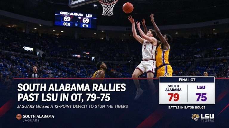 Illustration for the news story: South Alabama Rallies From 12 Down, Beats LSU 79-75 in Overtime in Baton Rouge
