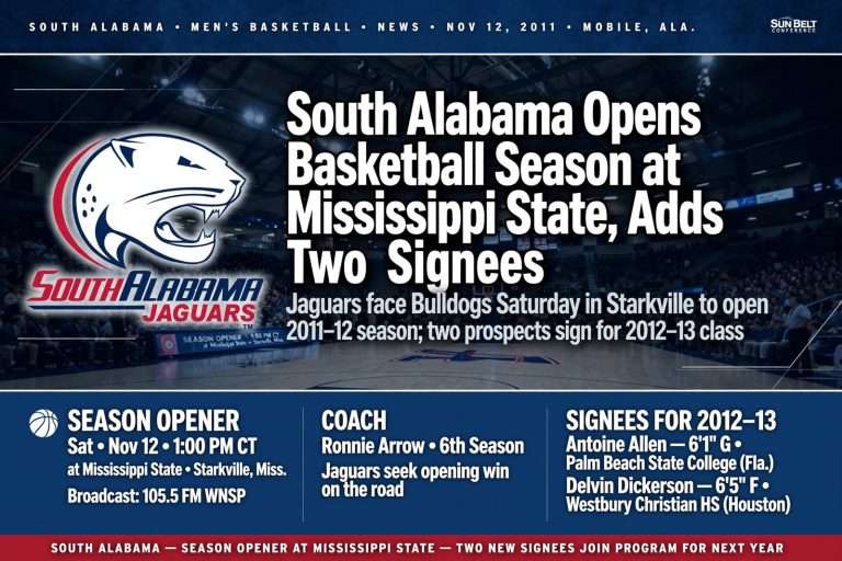 Illustration for the news story: South Alabama Opens Basketball Season at Mississippi State, Adds Two Signees