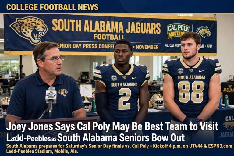 Illustration for the news story: Joey Jones Says Cal Poly May Be Best Team to Visit Ladd-Peebles as South Alabama Seniors Bow Out