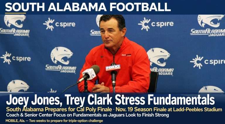 Illustration for the news story: Joey Jones, Trey Clark Stress Fundamentals as South Alabama Prepares for Cal Poly Finale