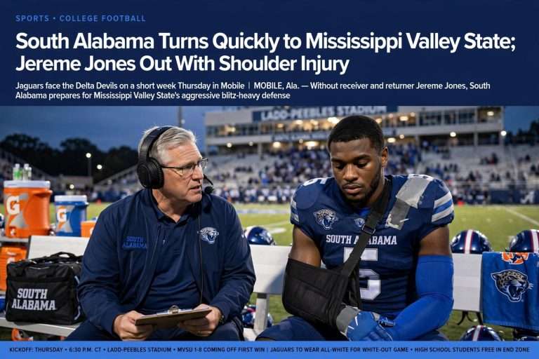 Illustration for the news story: South Alabama Turns Quickly to Mississippi Valley State; Jereme Jones Out With Shoulder Injury