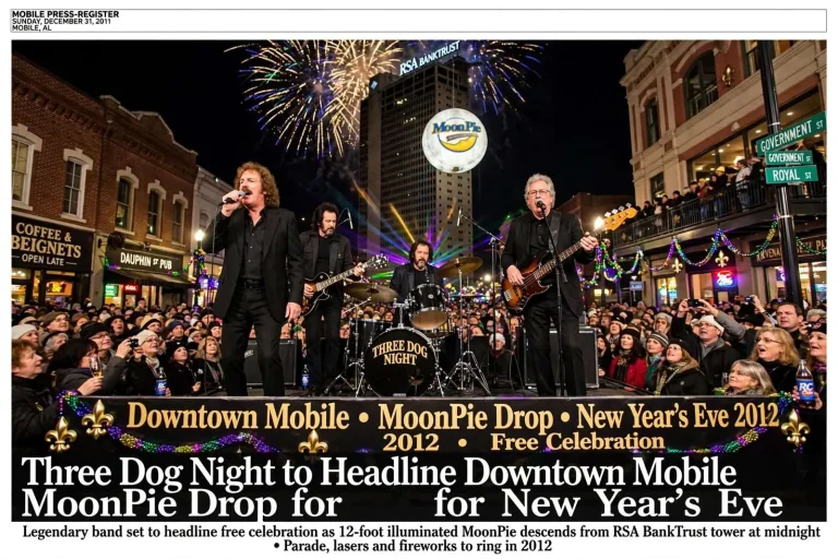 Illustration for the news story: Three Dog Night to Headline Downtown Mobile MoonPie Drop for New Year’s Eve