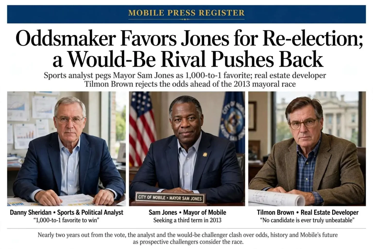 Illustration for the news story: Oddsmaker Favors Jones for Re-election; a Would-Be Rival Pushes Back